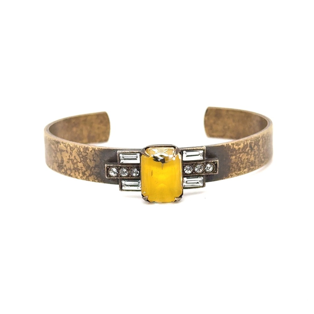 Lore Hope Art Deco Style Yellow Stone Crystal Brass Cuff Bracelet